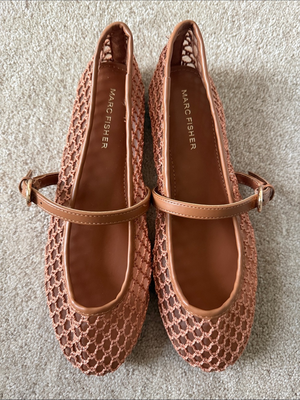 Marc Fisher Tan Crochet Mary Jane Flats with Strap